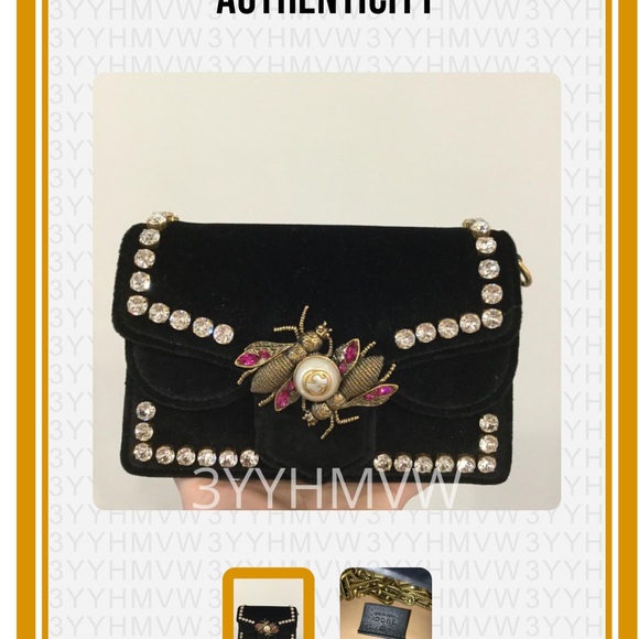 Gucci Broadway Pearly Bee Shoulder Bag Crystal Embellished Velvet Mini - Picture 12 of 12